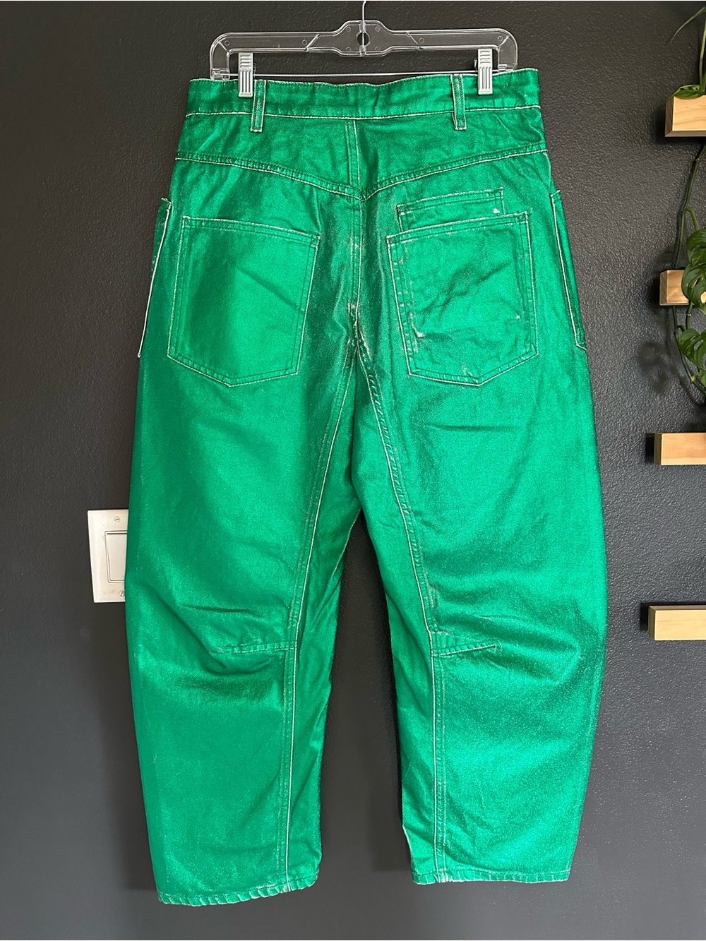 Free People Moxie Metallic Green Barrel Jeans Sample Factory Distressed NWOT 28 - Picture 11 of 15